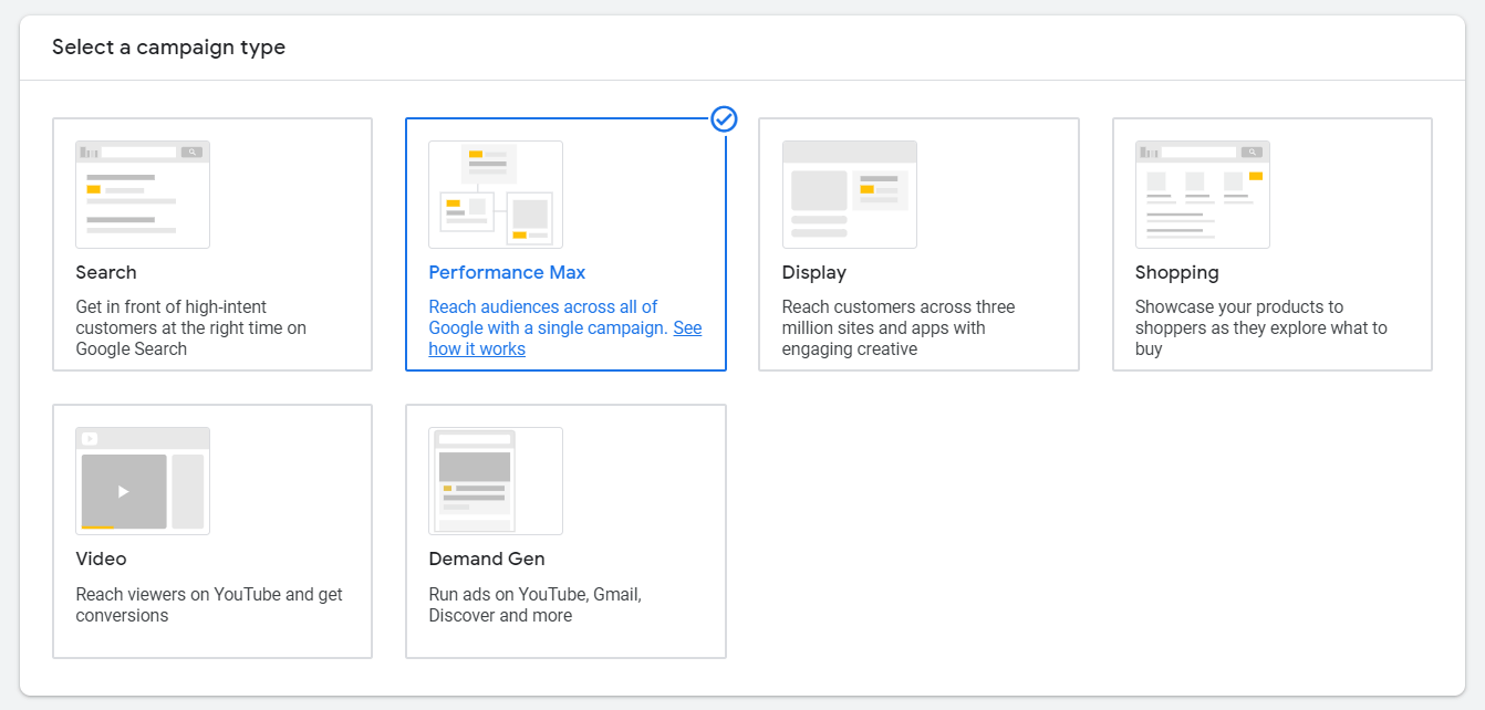 The performance max setup in Google ads dashboard