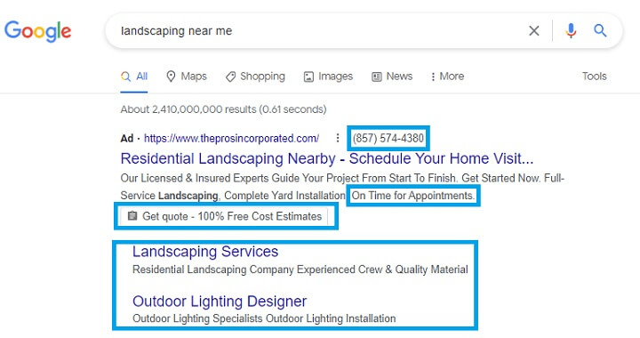 Ad extensions example to optimize Google ads