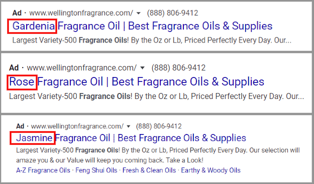 Ad Customizer example in Google ads showing different personalized text