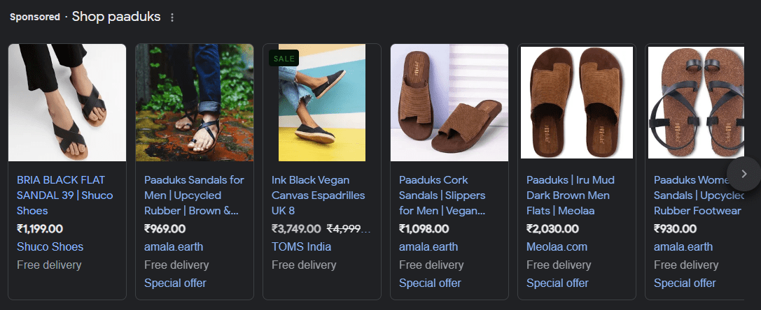 An image showing footwear ads on Google shopping inventory