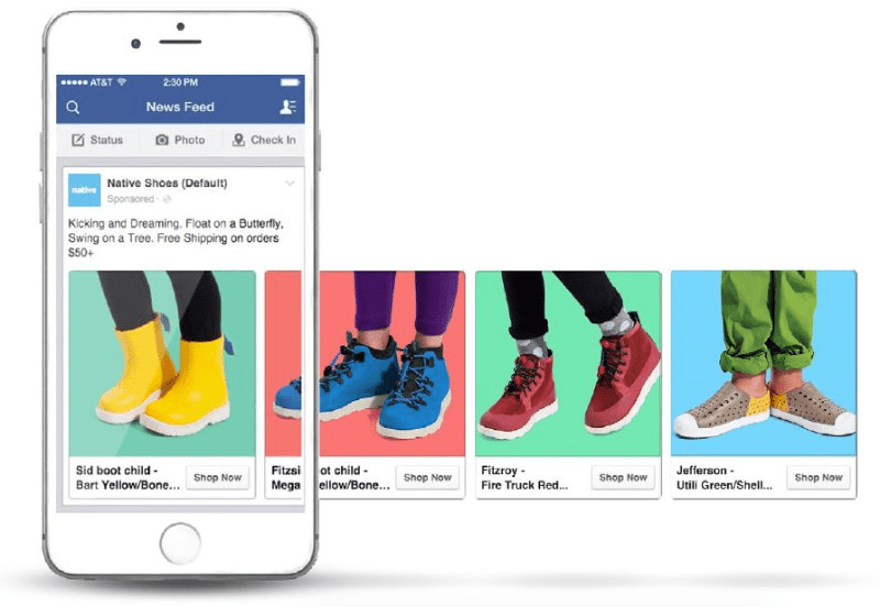 Catalog ads in Facebook example for a ecommerce shoes brand